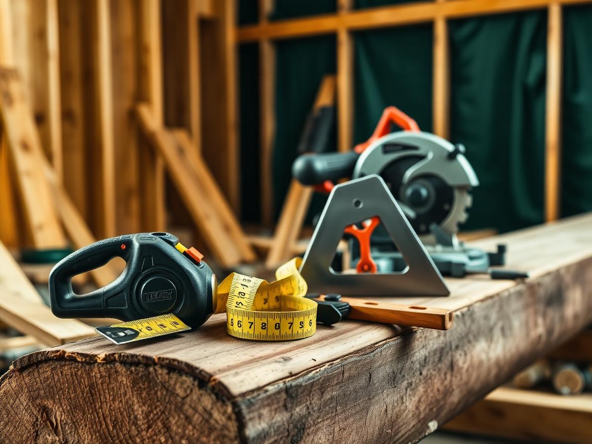 Tape measure, framing square and circular saw resting on rough lumber at a job site
