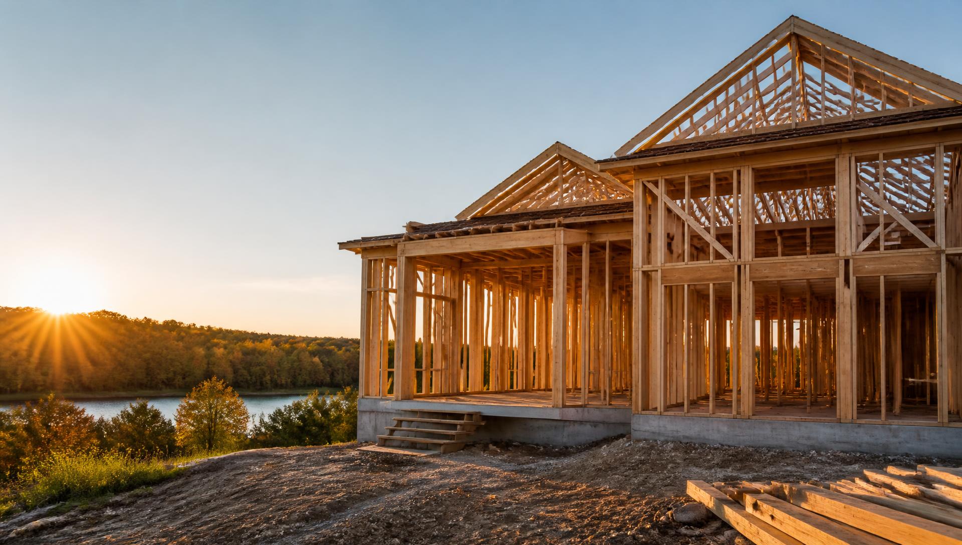 Wood stud framing and roof trusses on a new house under construction at sunset